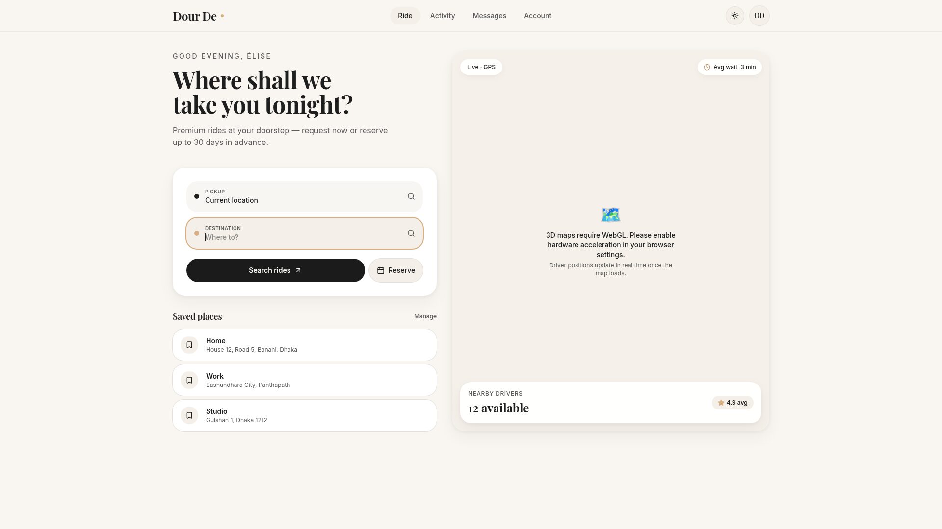 Dour De — premium ride-hailing platform homepage
